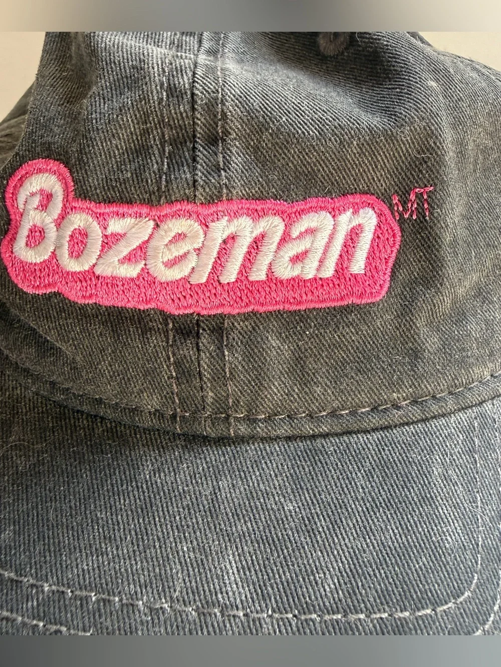 Bozeman Montana Barbie style Embroidered Baseball Cap in washed black cotton